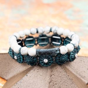 WHITE CONCHO AND BEADED PATINA BRACELET SET